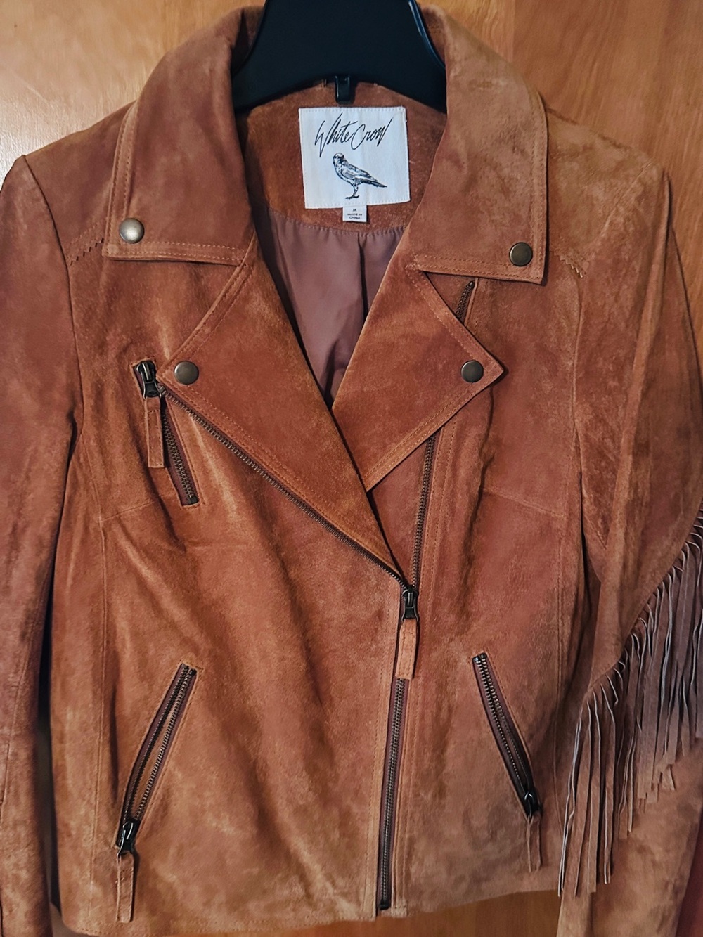 White Crow Suede Fringe Asymmetrical Zip Jacket - Cognac Brown
